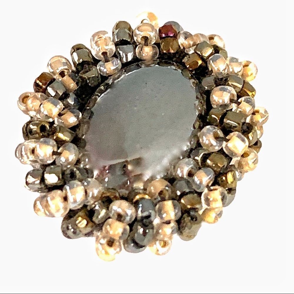 Hand  beaded silver natural hematite earrings with black crystal beaded border